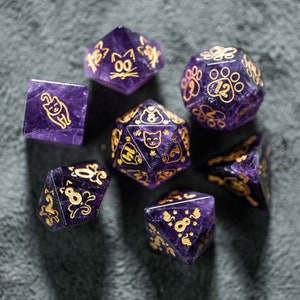 Dnd dice set Amethyst Polyhedral Dice Set Gemstone  Set  -  Dungeons and Dragons, RPG Game  MTG Game Meow Style