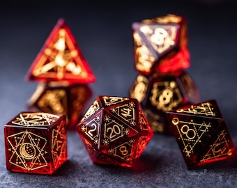 Full Set Garnet Tourmaline Glass Polyhedral Dice Set  Set  -  Dungeons and Dragons, RPG Game  MTG Game Astrology