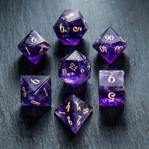 Dnd dice set Amethyst Gemstone Set Engraved/Carving for Dungeons and Dragons, RPG Game MTG Game image 1