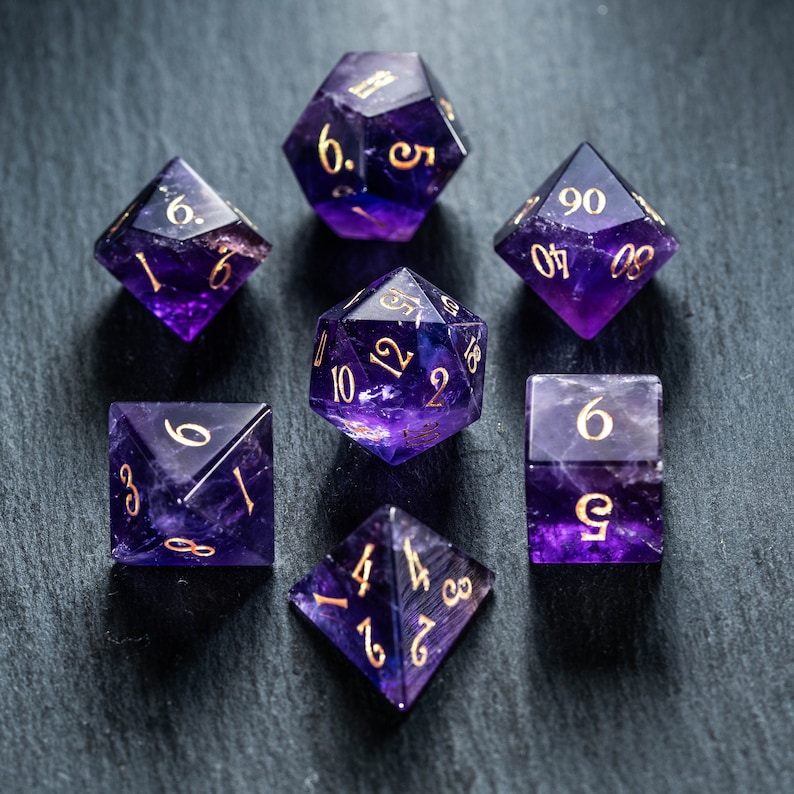 Dnd dice set Amethyst Gemstone Set Engraved/Carving for Dungeons and Dragons, RPG Game MTG Game image 1