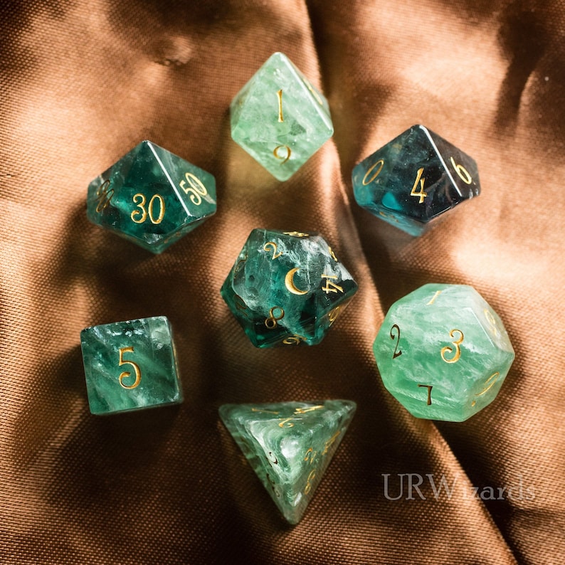 Full Set Green Fluorite(chlorophane) Polyhedral Dice Set Gemstone DnD Dice Set  -  Dungeons and Dragons, RPG Game DND MTG Game Moon Version 