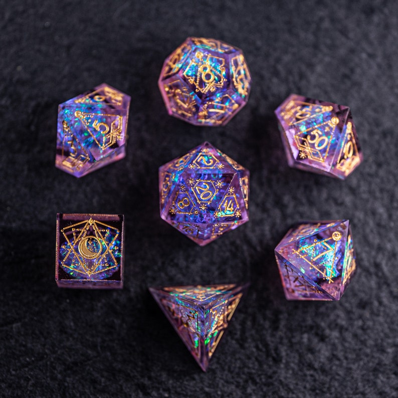 Dnd dice set Handmade Resin Sharp Edge Dice Polyhedral Dice Set Set Dungeons and Dragons Purple Glitter Astrology Style image 2