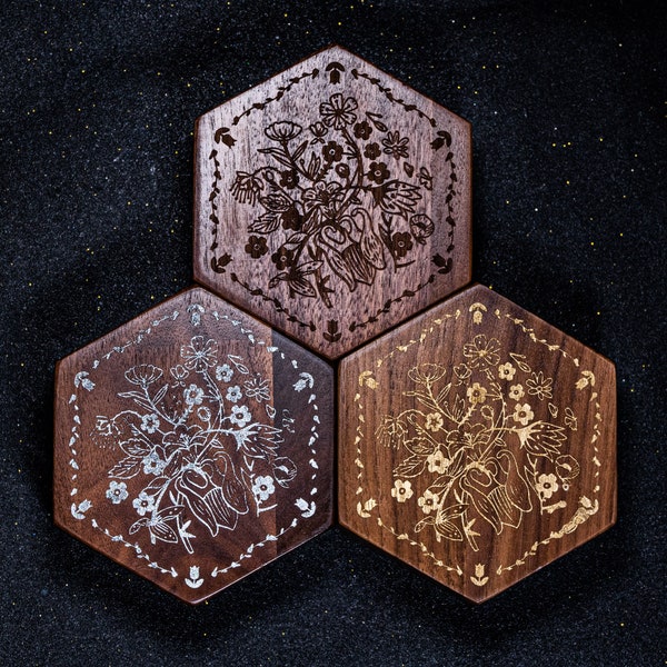 Engraved Blossom Walnut D&D Gaming Dice Box  Set Gift Box Wood Box Personalized Dice Box Dungeons and Dragons Hexagon Dice Box