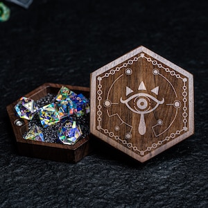 Engraved Zelda Sheikah Walnut D&D Gaming Dice Box Set Gift Box Wood Box Personalized Dice Box Dungeons and Dragons Hexagon Dice Box image 1