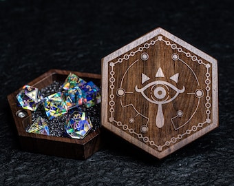 Engraved Zelda Sheikah Walnut D&D Gaming Dice Box  Set Gift Box Wood Box Personalized Dice Box Dungeons and Dragons Hexagon Dice Box