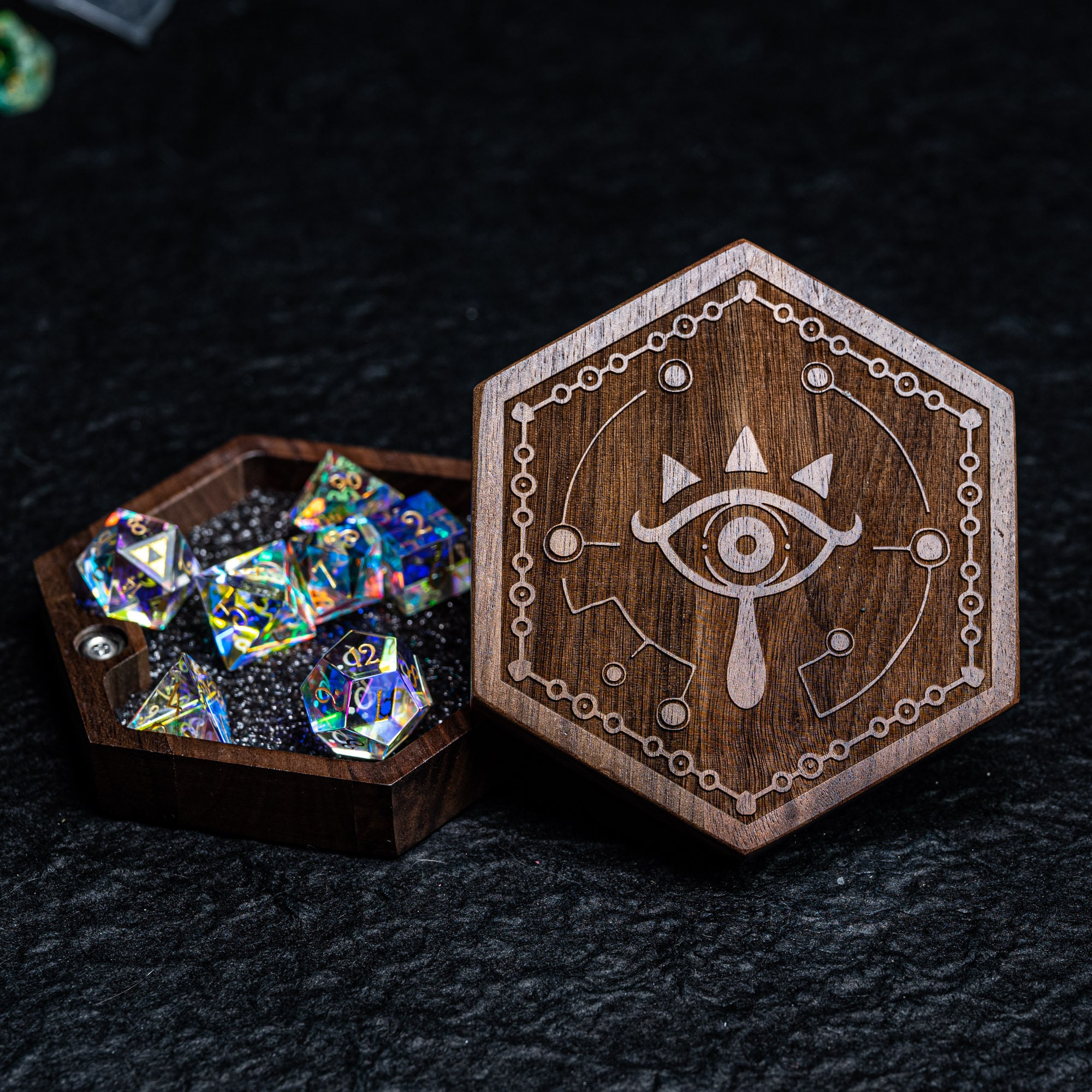 Engraved Zelda Sheikah Walnut D&D Gaming Dice Box Dnd Dice Set Etsy