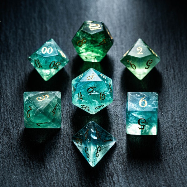 Dnd dice set  Green Fluorite(chlorophane) Polyhedral Dice Set Gemstone  Set  -  Dungeons and Dragons, RPG Game  MTG Game
