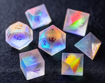 Full Set Raised Dichroic Glass Polyhedral Dice Set Gemstone  Set  -  Dungeons and Dragons, RPG Game  MTG Game Dragon Head Style