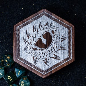 Engraved Dragon's Eye Walnut D&D Gaming Dice Box  Set Gift Box Wood Box Personalized Dice Box Dungeons and Dragons Hexagon Dice Box