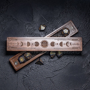 Engraved Walnut D&D Gaming Dice Box  Set Gift Box Wood Box Personalized Dice Box Dungeons and Dragons Dice Box Moon Phases