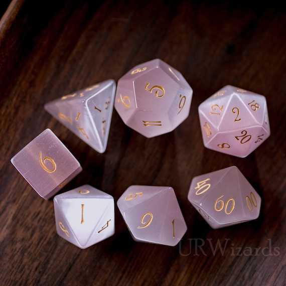 7PCS Crystal DND Dice for Dungeons and Dragons Handmade Stone Dice for MTG Table Games UDIXI Natural Gemstone Dice Set Pink Cat's Eye 