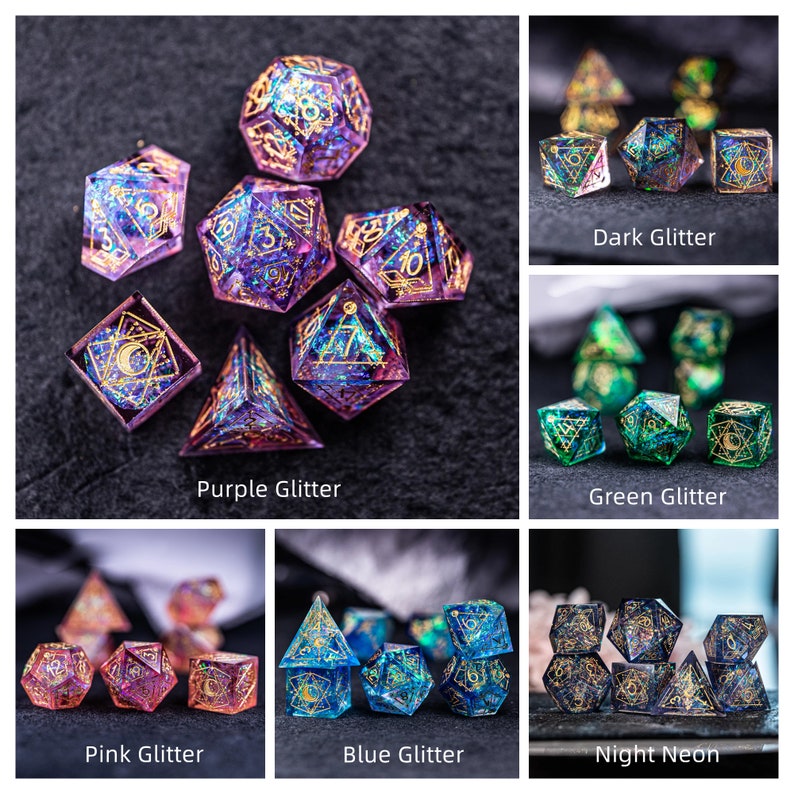 Dnd dice set Handmade Resin Sharp Edge Dice Polyhedral Dice Set Set Dungeons and Dragons Purple Glitter Astrology Style image 8