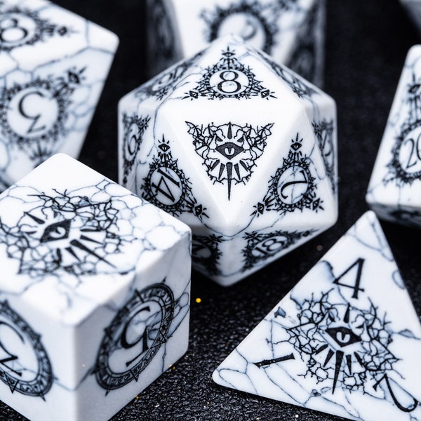 Dnd dice set White Howlite Polyhedral Dice Set  Set  -  Dungeons and Dragons, RPG Game  Warlock