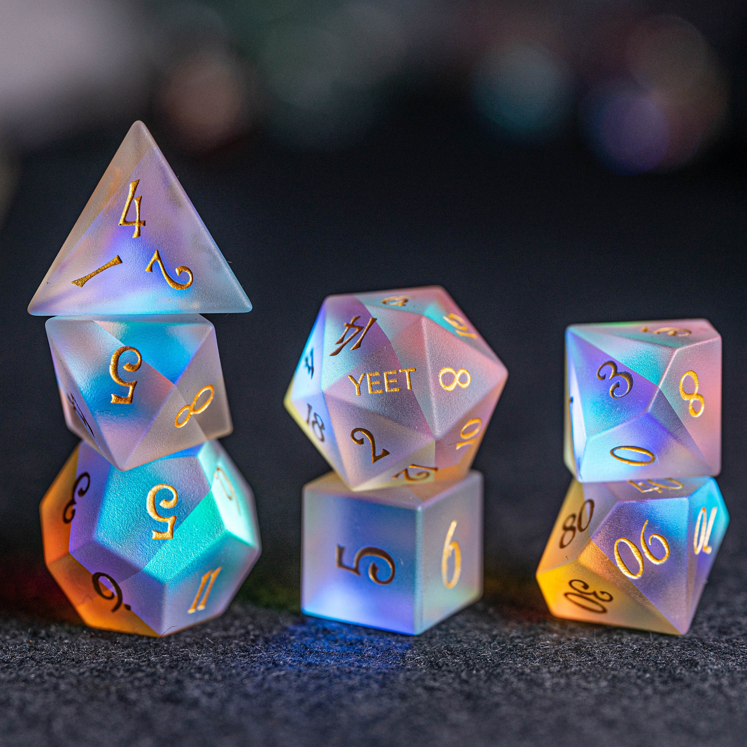 Full Set Frosted Dichroic Glass Polyhedral Dice Set Gemstone Etsy UK