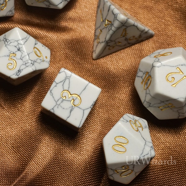 Dnd dice set  White Howlite Gemstone  Set  - Engraved/Carving for Dungeons and Dragons, RPG Game  MTG Game