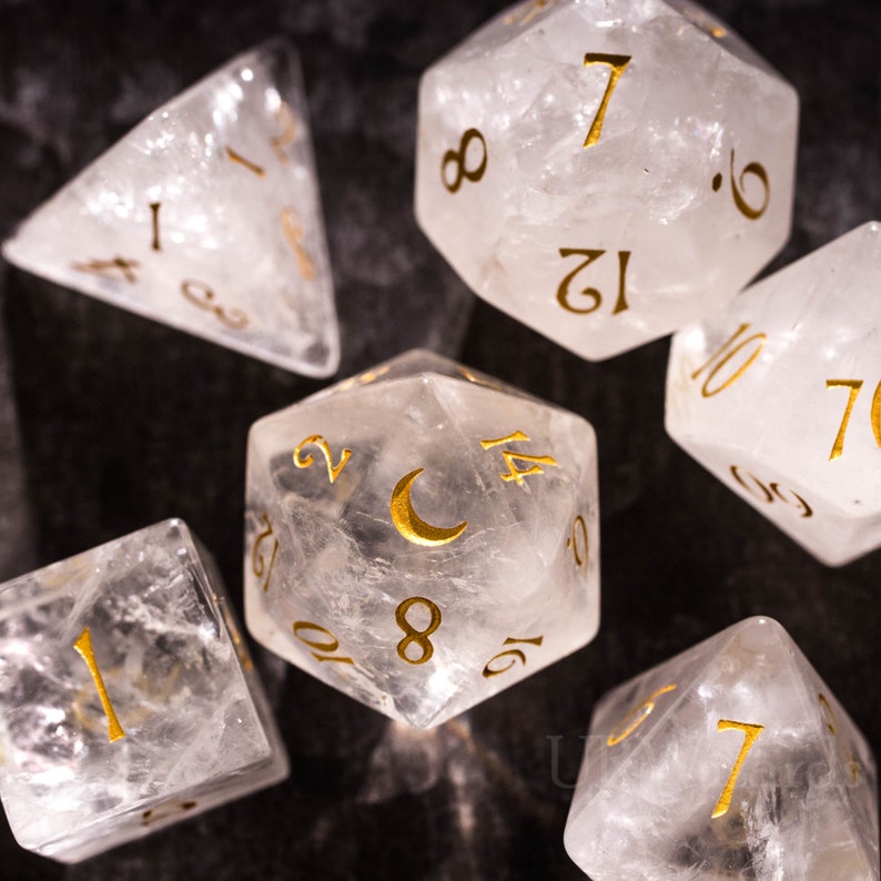 Full Set Clear Quartz Crystal Gemstone Dnd Dice Set Engraved Etsy