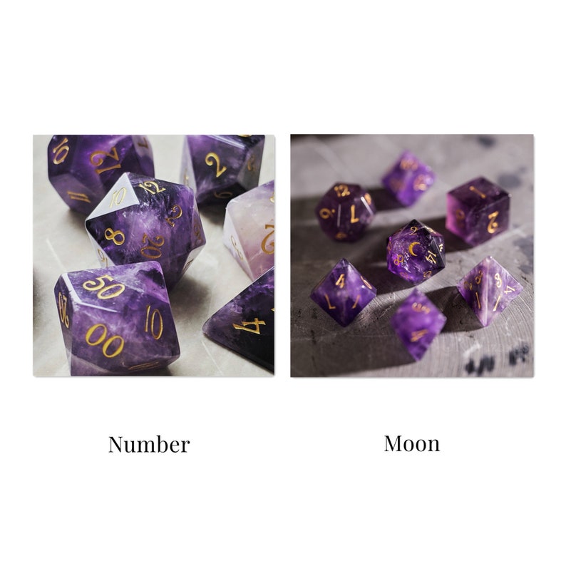 Dnd dice set Amethyst Gemstone Set Engraved/Carving for Dungeons and Dragons, RPG Game MTG Game image 5