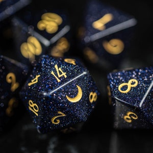 Dnd dice set Blue Goldstone Gemstone  Set  - Engraved for Dungeons and Dragons, RPG Game  MTG Game Moon Version