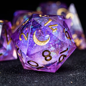 Dnd dice set  Handmade Resin Sharp Edge Dice Polyhedral Dice Set  Set  -  Dungeons and Dragons  Purple Glitter Liquid Heart Moon