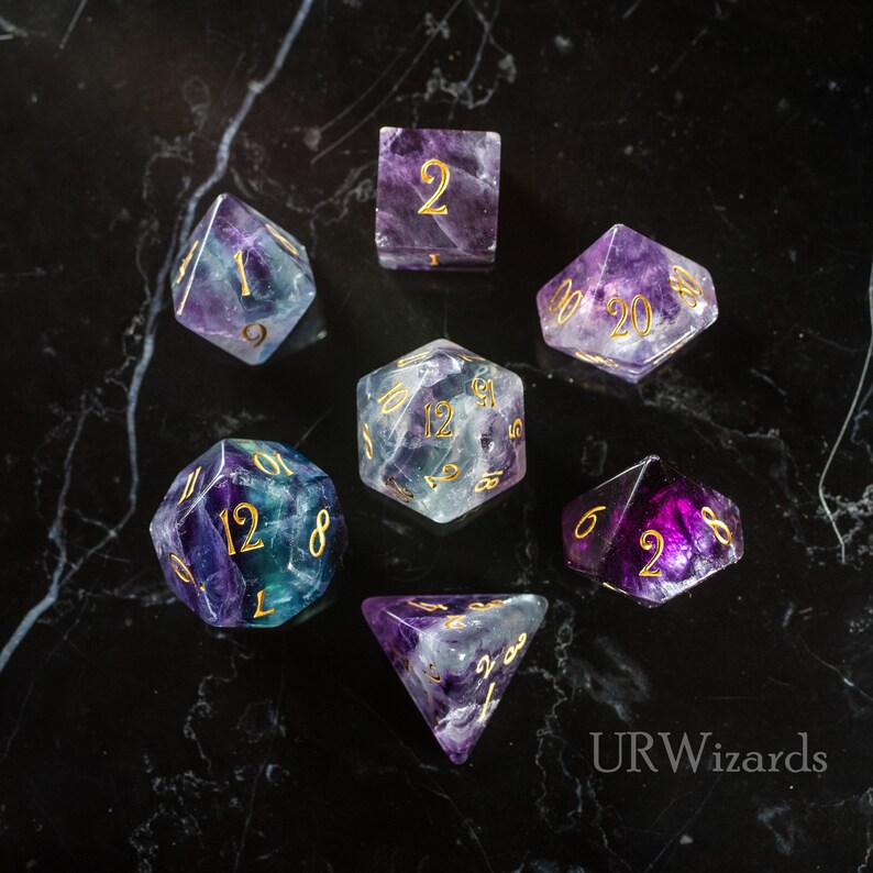 Full Set Purple Fluorite Polyhedral Dice Set Gemstone DnD Dice Etsy