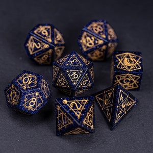 Full Set Blue Sandstone Polyhedral Dice Set  Set  -  Dungeons and Dragons, RPG Game  MTG Game Astrology Gold Inked