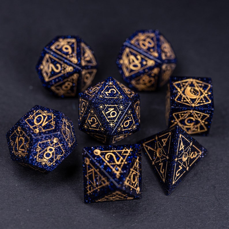 Full Set Blue Sandstone Polyhedral Dice Set DnD Dice Set  -  Dungeons and Dragons, RPG Game DND MTG Game Astrology Gold Inked 