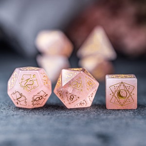 Full Set Rose Quartz Polyhedral Dice Set  Set  -  Dungeons and Dragons, RPG Game  MTG Game Astrology