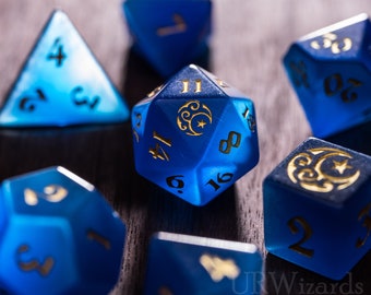 Dnd dice set Blue Cat's Eye Polyhedral Dice Set Gemstone  Set  -  Dungeons and Dragons, RPG Game  MTG Game Moon & Star