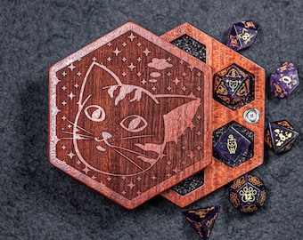 Engraved Meow Padauk D&D Gaming Dice Box  Set Gift Box Wood Box Personalized Dice Box Dungeons and Dragons Hexagon Dice Box