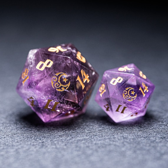 Giant 30mm Amethyst Gemstone D20 Dice Dungeons and Dragons D20 RPG Game Engraved Moon Star