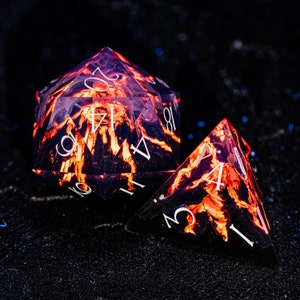 D&D Full Set Sharp Edge Resin Engraved Dice Set Mysterious Realm - Glowing Death Volcano