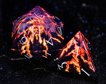 D&D Full Set Sharp Edge Resin Engraved Dice Set Mysterious Realm - Glowing Death Volcano