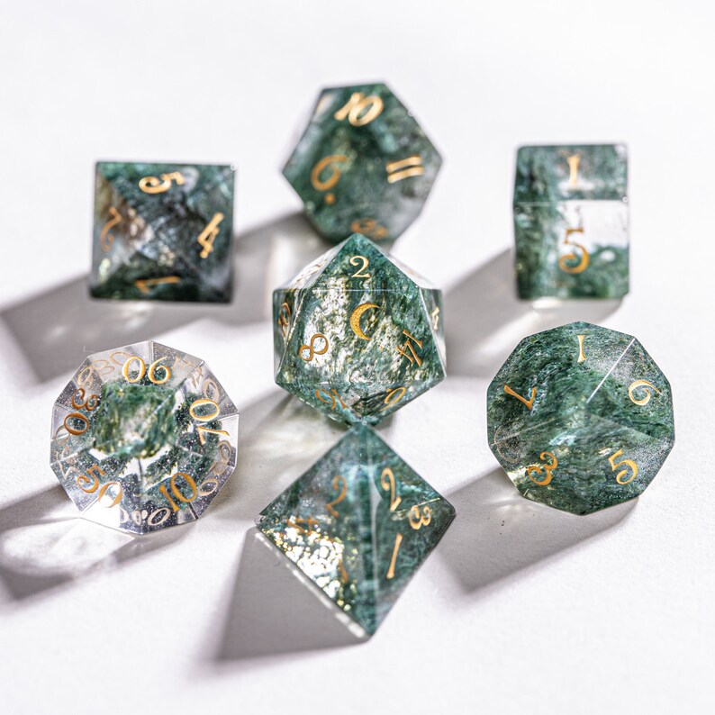 Full Set Moss Glass Dnd Dice Set Engraved/carving for Etsy