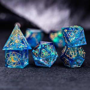 Full Set Handmade Resin Sharp Edge Dice Polyhedral Dice Set  Set  -  Dungeons and Dragons  Blue Glitter Astrology Style