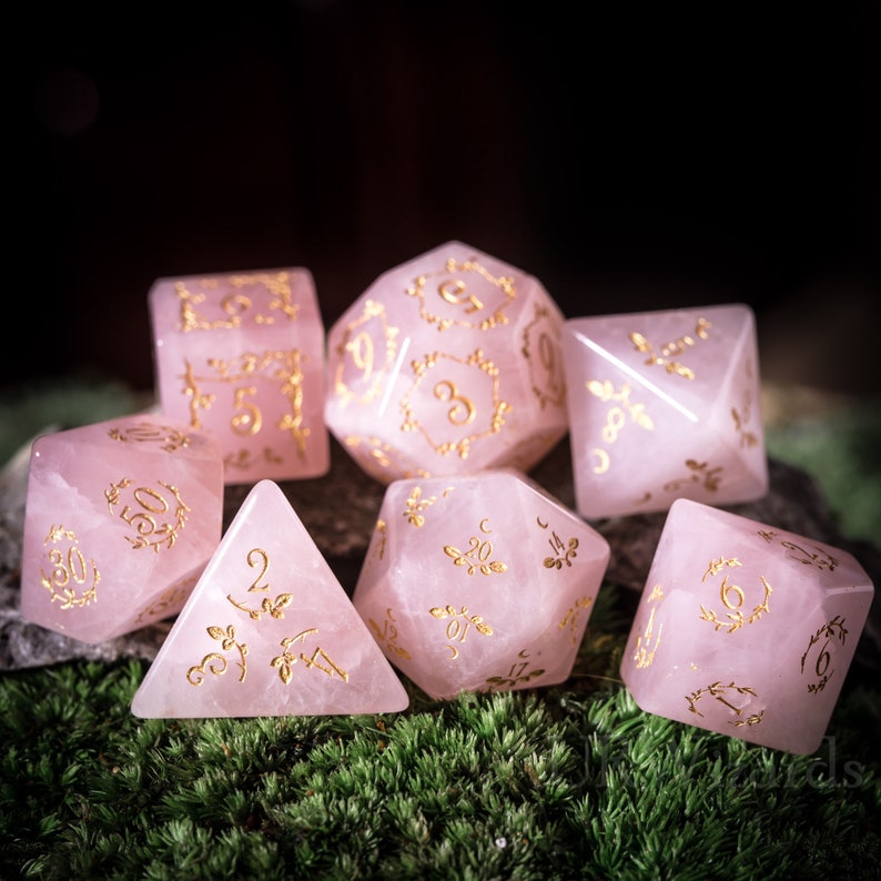 Full Set Rose Quartz Polyhedral Dice Set Gemstone Dnd Dice Set Etsy