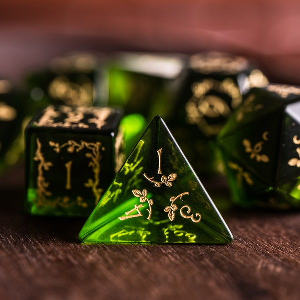 Dnd dice set Peridot Glass Polyhedral Dice Set  Set  -  Dungeons and Dragons, RPG Game  MTG Game Plant Vine Style