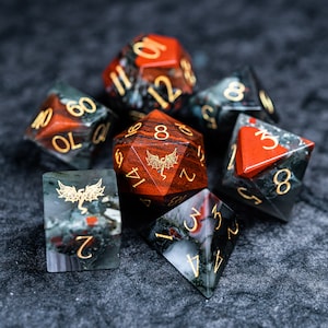 Dnd dice set  Bloodstone Gemstone  Set - Engraved/Carving for Dungeons and Dragons, RPG Game  MTG Game Dragon Style