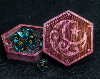 Engraved Purple Heart D&D Gaming Dice Box  Set Box Gift Box Wood Box Personalized Dice Box Hexagon Dice Box Moon