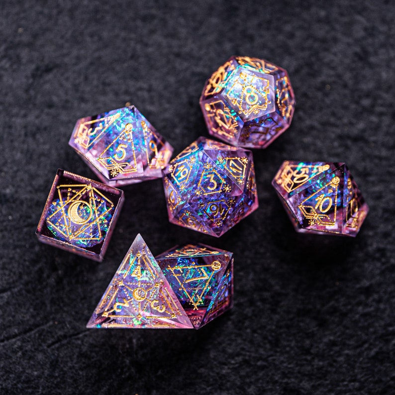 Dnd dice set Handmade Resin Sharp Edge Dice Polyhedral Dice Set Set Dungeons and Dragons Purple Glitter Astrology Style image 7