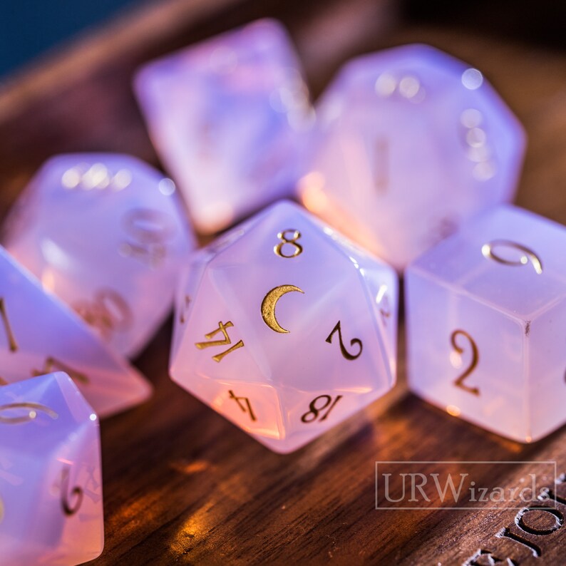 Full Set Pink Opalite Gemstone DnD Dice Set