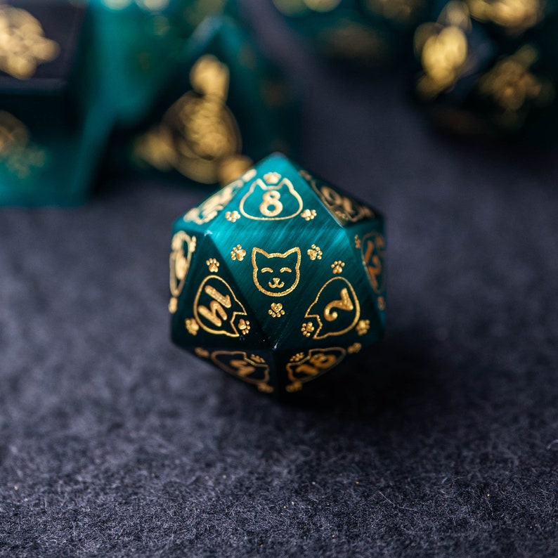 D&D Würfel Set Petrol Grün Katzenaugen Stein Polyhedral Würfel Set Edelstein Set Dungeons and Dragons, RPG Game MTG Game Meow Style Bild 2