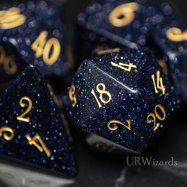 Dnd dice set  Blue Goldstone Gemstone  Set  - Engraved for Dungeons and Dragons, RPG Game  MTG Game