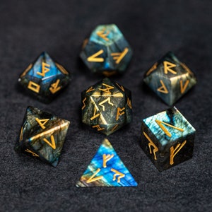 Dnd dice set  Labradorite Gemstone  Set  - Engraved/Carving for Dungeons & Dragons, RPG Game  MTG Game Runes Numbers