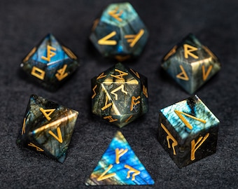 Full Set Labradorite Gemstone DnD Dice Set  - Engraved/Carving for Dungeons & Dragons, RPG Game DND MTG Game Runes Numbers