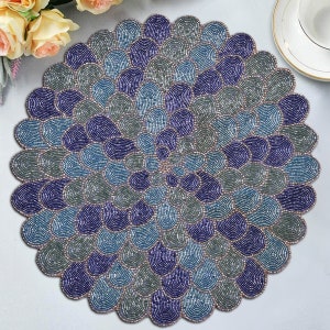 Blue Green Peacock Design Beaded Placemats for Dining Table Scratch Heat Resistant Charger Mats Kitchen Decor