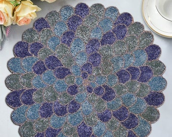Blue Green Peacock Design Beaded Placemats for Dining Table Scratch Heat Resistant Charger Mats Kitchen Decor