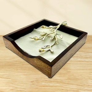 Napkin Holder in Solid Wood Brown Finish with Elegant Metal Ornament