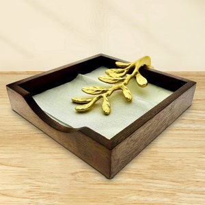 Napkin Holder in Solid Wood Brown Finish with Elegant Metal Ornament