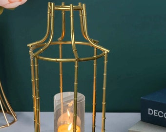 Gold Metal Glass Candle Lantern for Home Decor, Patio, Indoor, Outdoor, Farmhouse, Tabletop