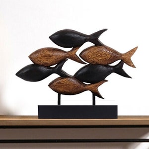 Hand-Carved Wooden Fish Sculpture - Rustic Coastal Decor - Tabletop Centerpiece - Housewarming  Mothers Day Gift - School of Fish Statue